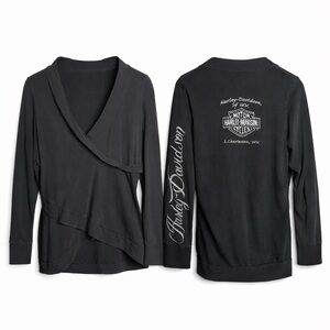 Harley-Davidson Women’s Black Wrap Blouse Top Large Long Sleeve Dealer Logo WV